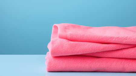 pink towels neatly folded on a blue table, showcasing tonal sharpness and a touch of coralpunk and seapunk aesthetics. the light red hue adds a simple yet vibrant touch to the scene. the rounded edges of the towels enhance their visual appeal, making them a stylish and practical choice for any bathroom or spa setting. ai generatedの素材