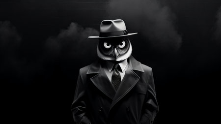 a man wearing a hat and suit stands in front of a city, surrounded by whimsical yet eerie animal symbolism. the image is in dark black and white, with a strong facial expression. the avian-themed elements add a clever and witty touch to the cartoon-like depiction. the smokey background enhances the overall eye-catching effect. ai generatedの素材