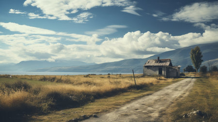 rural roads and paths wind through the shadowy valley, creating a post-apocalyptic backdrop reminiscent of vintage americana. captured by caras ionut, the photograph showcases seaside scenes with haunting houses. the selective focus highlights the light amber hues of the surroundings, contrasting beautifully with the sky-blue tones. ai generatedの素材
