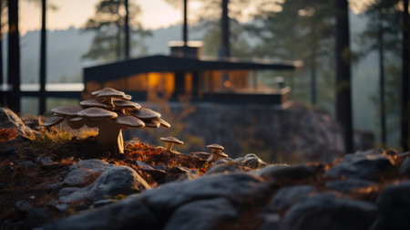 shingle architecture photography of sleek hillside house design by olson kundig. close-up shot of a blurred mushroom in the foreground. shot in 8k from a movie-like composition, with professional color grading and epic volumetric lighting. the image showcases sharp focus, film grain, and a captivating atmosphere. captured using a sony alpha a7 iii camera with a sony fe 24-105mm f/4 g oss lens. available inの素材