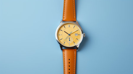 orange watch on blue background, featuring a classical style with light brown and aquamarine accents. the design incorporates elements of light yellow and yellow, showcasing minimal retouching. inspired by the works of henry justice ford and wifredo lam, this watch exudes detailed perfection. ai generatedの素材