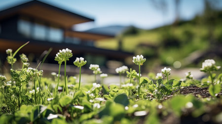 sleek hillside house design by olson kundig captured in a minimalist architecture photograph. the image features a close-up of blurred clover in the foreground, creating a cinematic composition. shot in 8k resolution from a movie perspective, the photo showcases professional color grading, epic volumetric lighting, and sharp focus. taken with a sony alpha a7 iii camera and a sony fe 24-105mm f/4 g oss lens,の素材
