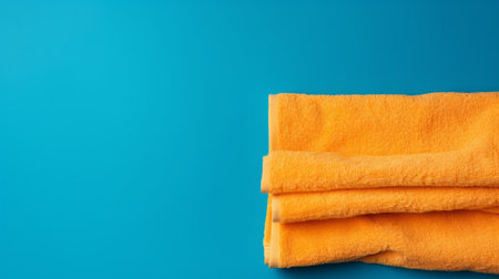an orange towel is laid flat on a blue background, creating a visually striking contrast. the image has a post-processed style with simplified colors and a dark yellow hue. the shallow depth of field adds a touch of elegance, while the clean and streamlined composition highlights the soft and rounded forms. ai generatedの素材