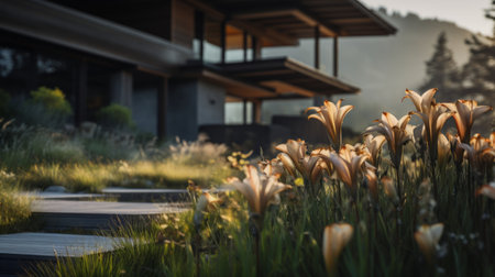 gothic architecture photography of sleek hillside house design by olson kundig. close-up shot of a blurred lily in the foreground. shot from a movie-like perspective, with a cinema composition and professional color grading. the image features epic volumetric lighting, sharp focus, film grain, and a captivating atmosphere. captured using a sony alpha a7 iii camera with a sony fe 24-105mm f/4 g oss lens. theの素材