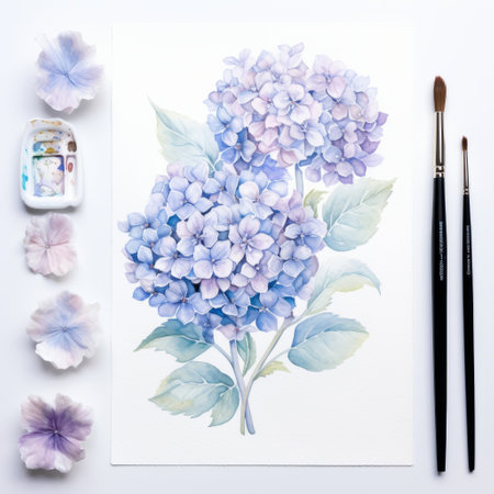 blue watercolor flowers and a watercolor brush are showcased in front of a vibrant blue flower bud. this artwork, created in the style of light purple and light azure, features highly detailed figures by artists lilia alvarado and tanya shatseva. set against a white background, the painting exhibits meticulous design with a heavy use of palette knives. ai generatedの素材