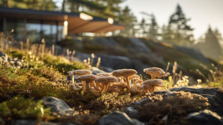 shingle architecture photography of sleek hillside house design by olson kundig. close-up shot of a blurred mushroom in the foreground. shot in 8k from a movie-like composition, with professional color grading and epic volumetric lighting. the image showcases sharp focus, film grain, and a captivating atmosphere. captured using a sony alpha a7 iii camera with a sony fe 24-105mm f/4 g oss lens. available inの素材