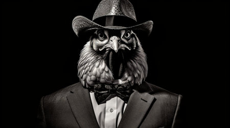 a man wearing a black jacket and tie is captured in a close-up shot. he is also seen donning a golden eagle headscarf, adding a touch of uniqueness to his attire. the photo is done in the style of photorealistic surrealism, with high contrast black and white tones. the scene is reminiscent of humorous animal scenes, featuring detailed costumes and exotic birds. the overall aestheticの素材