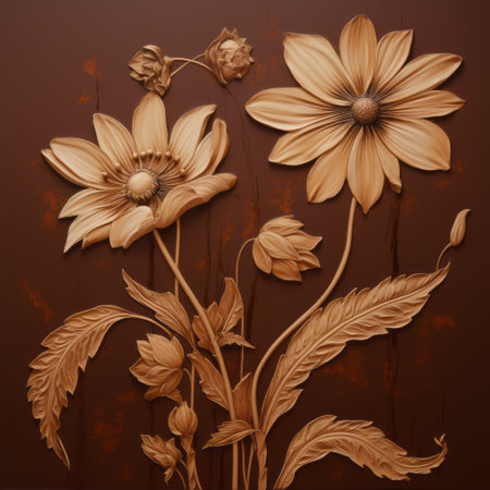 a wooden flower, intricately carved and rendered with hyper-realistic detail, stands out against a rich brown background. the artistic style combines elements of realistic rendering, free brushwork, and textured illustrations. the composition is meticulously layered, creating a visually captivating and narrative paneling effect. ai generatedの素材