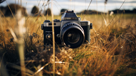 an old nikon f mount camera, in a light brown and navy color scheme, is placed in a field at dusk. this vintage camera, reminiscent of the danish golden age and japanese photography, captures the essence of environmental portraiture. with its chrome-plated body and primitivist style, it adds a touch of nostalgia to any scene. ai generatedの素材