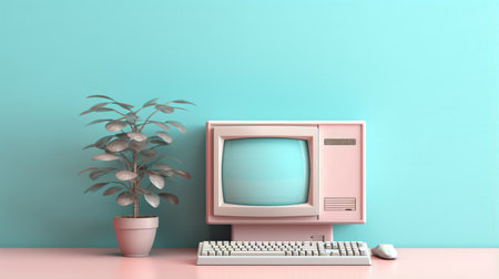 computer mouse on desk with vaporwave-inspired style. the mouse features a light teal and pink color scheme, reminiscent of vintage aesthetics. this 8k 3d image captures the essence of nostalgic still lifes, with minimalist backgrounds reminiscent of windows vista. discover this unique and eye-catching photo on flickr. ai generatedの素材