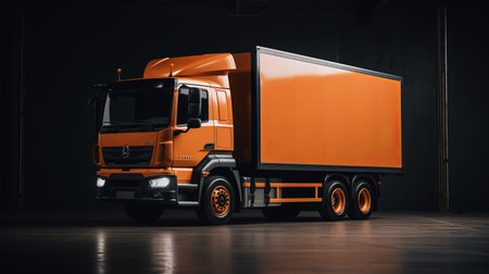 an orange semi truck with a trailer is captured in a hyper-realistic still life photograph. the truck is parked on an empty factory space, showcasing neoclassicist influences. the image is created using photobashing techniques, highlighting eco-friendly craftsmanship. the composition reflects the aesthetics of the new leipzig school, with exquisite detailing and a sleek design. ai generatedの素材