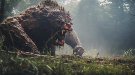 a dj horror image featuring concept art of terrifying wolf creatures in a medieval-inspired setting. the photo captures the epic fantasy scenes with nature-inspired camouflage and a rough aesthetic. shot with a fujifilm x-t4 camera and in the style of zeiss batis 18mm f2.8 lens, this image embodies the unique genre of "frogcore.", ai generatedの素材