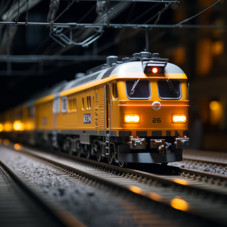 an insanely detailed and intricate train set is captured in this photograph. shot on a 25mm lens, the image showcases ultra-realistic details with a depth of field and tilt blur effect. the lighting, including half rear lighting and backlight, creates a dramatic and elegant atmosphere. the photo is enhanced with various techniques such as super-resolution, volumetric effects, and screen space reflections. the result is aの素材