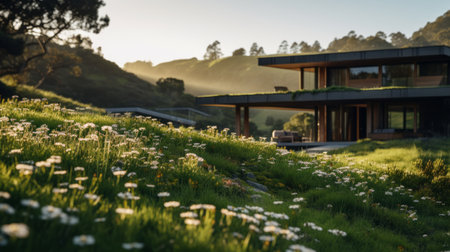 sustainable architecture photography of sleek hillside house design by olson kundig. close-up shot of blurred clover in the foreground adds depth to the composition. shot in 8k from a cinematic perspective, with professional color grading and epic volumetric lighting. the sharp focus and film grain enhance the atmospheric feel. captured using a sony alpha a7 iii camera with a sony fe 24-105mm f/4 g ossの素材