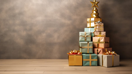 a big stack of gifts sits in front of a christmas tree, creating a festive scene. the gifts are beautifully wrapped in dark gold, light bronze, light orange, and light azure colors. the minimalist stage designs add a touch of elegance, with restored and repurposed textured surfaces in light brown and gray tones. the overall look is completed with a sleek metallic finish. ai generatedの素材