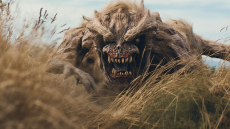 a feisty monster, inspired by gabriel metsu's artwork, is captured in a close-up shot. the monster is depicted walking through tall green grass, creating an explosive pigmentation effect. the use of the zeiss milvus 25mm f14 ze lens adds a unique touch to the matte painting style. the color palette consists of light brown and dark beige tones, reminiscent of salvator rosa's work. ai generatedの素材