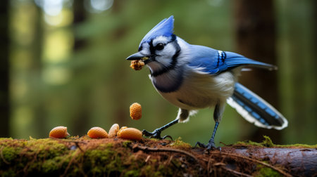 blue jay perched on the forest floor, captured in a vibrant pop culture-inspired image. this national geographic photo showcases the bird's organic biomorphism while it enjoys a meal. the inventive character designs and candid shots of famous figures add a unique twist to the scene. the whimsical touch of the blue jay made of cheese adds an element of surprise. ai generatedの素材