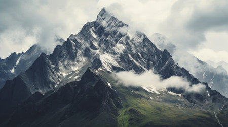 a mountain ring emerges from the clouds, creating a captivating scene of natural beauty. the large clouds hang ominously overhead, adding a touch of drama to the narrative-driven visual storytelling. the sharp focus captures every detail, while the whistlerian and frostpunk influences are evident in the zigzags and sharp angles. the textured backgrounds enhance the overall aesthetic appeal. ai generatedの素材