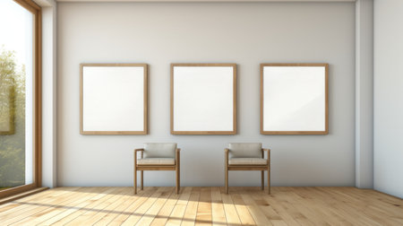 three empty frames, numbered 30, are placed on a white wood floor. the composition plays with light and shadow, creating a contemporary landscape. the frames have a light brown color and are rendered using vray. the style is reminiscent of the barbizon school, with organic compositions and a touch of solarizing mastery. ai generatedの素材