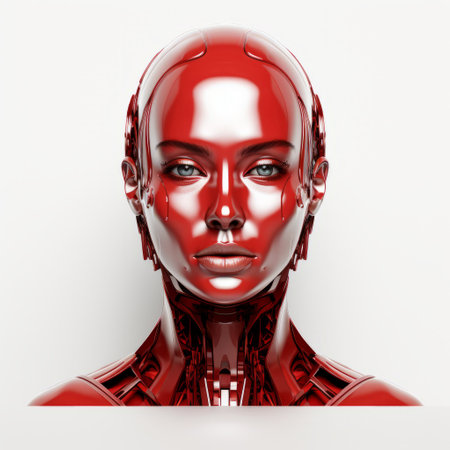 female robot portrait in a futuristic 3d visual concept. this 32k uhd photo showcases a red, shiny, and monochromatic intensity. the chrome-plated robot features a strong facial expression, while its transparent-translucent medium adds an intriguing touch. ai generatedの素材