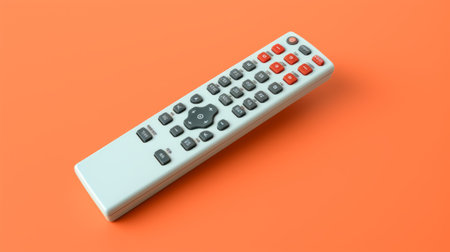 a wireless remote control is showcased against a vibrant orange background, featuring photorealistic renderings and an orderly arrangement. the colorized design highlights its realistic detailing, created using zbrush software. the remote control itself is presented in a simple yet sleek combination of light gray and white. ai generatedの素材