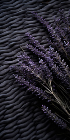 lavender buds rest gracefully on a black leather texture, resembling naturalistic ocean waves. the striped arrangements create a captivating visual effect, enhanced by the softbox lighting. the ceramic elements add a touch of elegance to the dark tonality of the composition. the organic stone carvings and hazy romanticism complete the enchanting ambiance of this captivating photo. ai generatedの素材