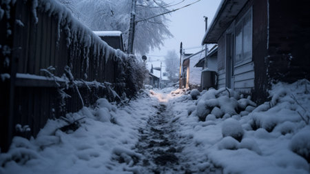 a wintertime street scene captures a snow-covered path and buildings, showcasing a dark and gritty style. this 8k resolution photograph embodies the essence of the vancouver school, skillfully capturing suburban ennui and exploring urban culture. the image reveals depth through layers and features dusty piles, adding to its atmospheric appeal. ai generatedの素材
