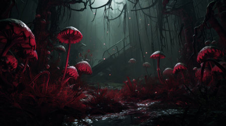 a red tree stands out in a dark underground forest, showcasing the intricate and bizarre illustrations reminiscent of the unreal engine 5 style. the scene is adorned with mushroomcore elements, hyper-realistic water, and a color palette of dark white and magenta. chilling creatures add an eerie touch, creating a captivating snailcore ambiance. ai generatedの素材