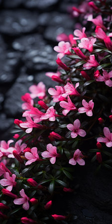 pink flowers bloom on a tree trunk against a brick wall, creating a striking contrast in this black background photograph. the dark pink and gray hues of the flowers blend harmoniously with the norwegian nature. captured with a shallow depth of field by photographer shigeru aoki, the image exudes a mysterious vibe with its dark silver and dark crimson tones. a unique touch of bunnycoreの素材