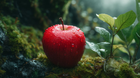 a red apple glistens in the rain, surrounded by lush moss and water droplets in a forest. this captivating 3d image, reminiscent of the fujifilm pro 400h style, showcases the raw beauty of autumn. with minimal retouching, the cranberrycore hues and eye-catching details come to life, creating an unreal and mesmerizing scene. experience the stunning realism of this uhd image created with unreal engine 5.の素材