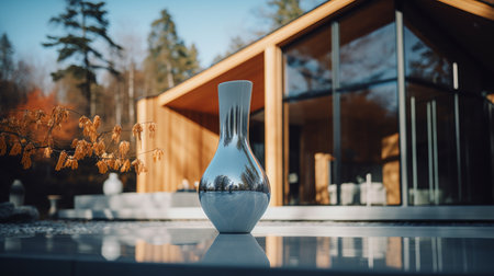 a vase sits atop a mirror, capturing the essence of dynamic outdoor shots. the vray tracing and chrome reflections add a touch of elegance, while the soft-focus technique creates a dreamy atmosphere. the silver and indigo hues evoke a sense of tranquility, drawing inspiration from landscapes. the blown-off-roof perspective adds a unique twist to this captivating image. ai generatedの素材