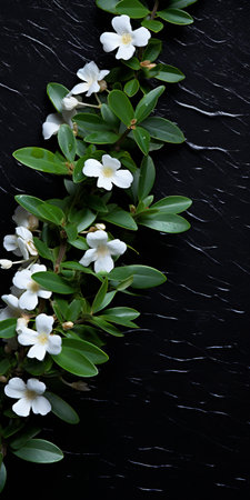 jasmine growing on black shingle, captured in a visually tactile tabletop photography style. this sustainable design showcases the delicate beauty of the flowers against the dark gray and black backdrop. the soft focus adds a dreamy touch to the image, highlighting the intricate details of the jasmine. ai generatedの素材