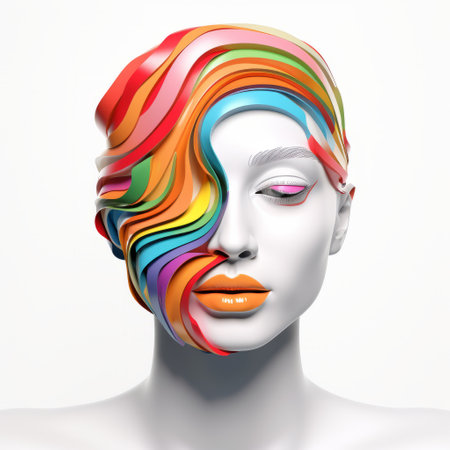 a 3d rendering of a female subject with colored hair and make-up, showcasing bold colorful lines, wavy resin sheets, and a sculptural expression. the artwork features a striking use of color and an innovative composition, creating a visually captivating piece. with elements of rainbowcore and a porcelain-like aesthetic, this rendering is a unique and vibrant representation of contemporary art. ai generatedの素材