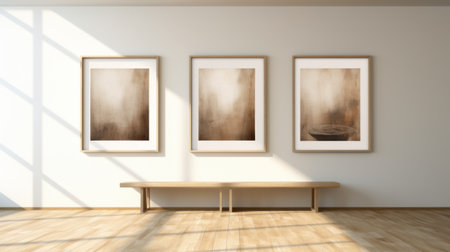 three white prints, in the style of sepia tone, minimalist abstracts, are elegantly hung next to a bench. these stunning artworks, created with vray tracing, depict gauzy atmospheric landscapes in 8k resolution. the light brown and amber hues add a touch of warmth to these realistic marine paintings. ai generatedの素材