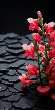snapdragon flower blooming on a black shingle, captured in a tabletop photography style. the image showcases visually tactile surfaces and sustainable design. shot with a voigtlander bessa r2m camera, the dark gray and black tones create a soft focus effect. ai generatedの素材