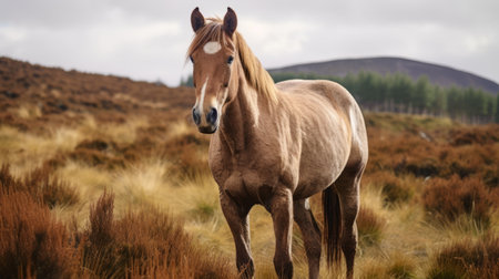 brown horse standing in a scottish landscape, surrounded by lush grass. the horse's light brown and beige coat complements the serene scenery. captured in stunning 8k resolution, the image showcases the horse's majestic presence. the silver accents on its mane add a touch of elegance. shot with the tokina at-x 11-16mm f/2.8 pro dx ii lens, this photo evokes a sense of controversy. ai generatedの素材
