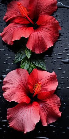 hibiscus flower blooming on a bed of black shingle, captured in a tabletop photography style. the image showcases visually tactile surfaces and sustainable design. shot with a voigtlander bessa r2m camera, the dark gray and black tones create a soft focus effect. ai generatedの素材