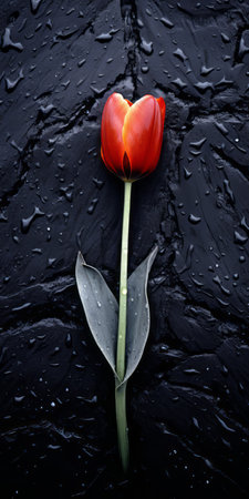 a single red flower delicately captured within a water droplet, against a backdrop of dark gray and black. this minimalist uhd image exudes a sense of romance and features elements reminiscent of anselm kiefer's artistic style. the vibrant colors of dark orange and dark gray add depth to this captivating still-life composition. ai generatedの素材