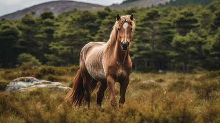 a brown horse gracefully walks through tall grass in the style of norwegian nature. the light amber and beige tones of the image perfectly complement the dignified poses of the horse. the spectacular backdrops and atmospheric woodland imagery create a vibrant and lively scene that is truly iconic. ai generatedの素材