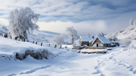 a snow-covered village is depicted under a clear blue sky, reminiscent of traditional british landscapes. the gauzy atmospheric quality of the scene, captured with the steinheil quinon 55mm f19 lens, adds to the charm. this 32k uhd image beautifully portrays rural life, resembling a matte painting with a romantic atmosphere. ai generatedの素材