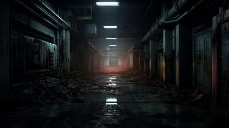 a dark lit hallway corner with an industrial horror vibe is depicted in this hyper-detailed rendering by artist lorenz hideyoshi. the disintegrated atmosphere is enhanced by the use of dark gray and light crimson tones, creating a captivating industrial landscape. kevin hill's artistic style shines through in this haunting composition. ai generatedの素材