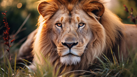 a majestic lion, reminiscent of brandon woelfel's style, sits amidst tall grass, gazing intensely across the field. this close-up shot by caras ionut captures the lion's powerful presence and non-representational beauty. the uhd image showcases the lion's strong facial expression, while the rtx technology enhances the visual experience. ai generatedの素材