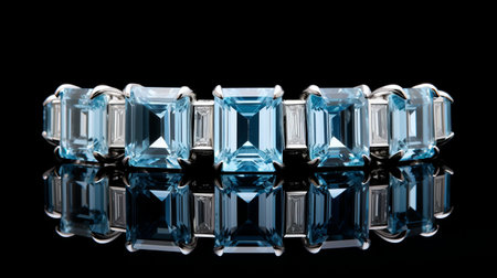 an aquamarine and diamond ring, featuring a sleek and stylized design, is captured in this high-quality photo. the focus stacking technique enhances the details of the ring's black and aquamarine color combination. with its unique cubist faceting, the aquirax uno ring exudes modern elegance and sophistication. ai generatedの素材
