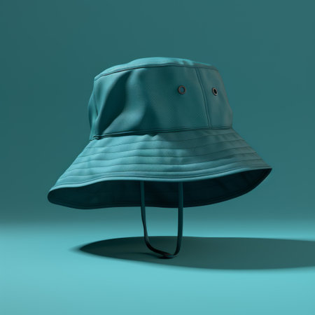 vintage bucket hat pattern eps file ready for assembly. rendered in cinema4d, this hyper-realistic still life showcases a dark aquamarine hat. the wet-on-wet blending technique adds depth and texture to the design. this uhd image captures a futuristic realism, with the hat suspended and hanging in an intriguing manner. ai generatedの素材