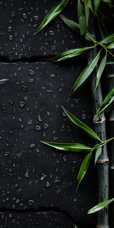 bamboo scape with rain water drops on a black background, showcasing flat surfaces and innovative page design. this classic still-life photograph captures the beauty of dark gray tones and intricate leaf patterns. the eco-friendly craftsmanship of bamboo adds an enigmatic touch, evoking the allure of the tropics. ai generatedの素材