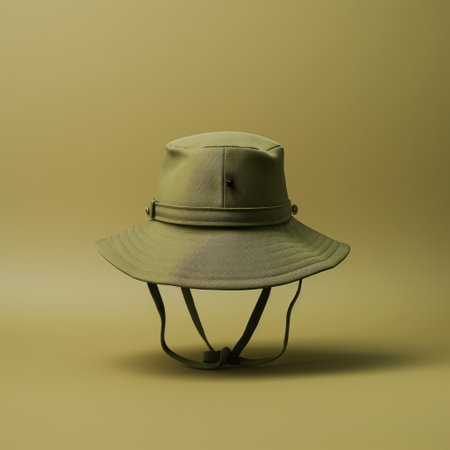 the bucket hat is placed on a vibrant yellow background, showcasing a digitally manipulated image with meticulous military scenes. the realistic lighting enhances the dark green and light beige colors of the hat. the precisionist lines and high-quality photo create a hyper-realistic water. ai generatedの素材