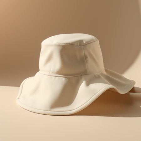 a white bucket hat sits on a flat surface, showcasing the style of unreal engine 5. the hat exudes a soft and airy composition, reminiscent of daz3d. rendered in octane, the hat's beige color and leatherhide texture add a touch of sophistication. the overall aesthetic pays homage to the artistic style of pontormo. ai generatedの素材