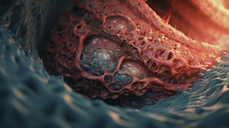 a cell growing in a hole within the human body, rendered in cinema4d with a combination of light red and light indigo colors. the image showcases hyper-realistic details, thanks to the use of zeiss batis 18mm f2.8 and goerz hypergon 65mm f8 lenses. the flowing textures and photorealistic elements add to the overall visual appeal. ai generatedの素材