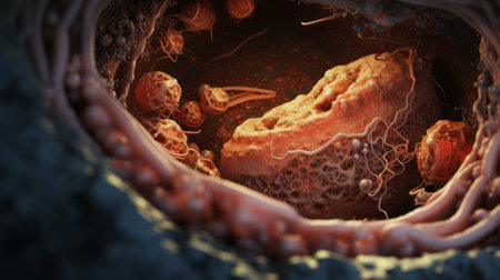 a model of the human body showcasing intricate details with a mix of small and large cells. the model is designed in a captivating dark orange and gold color scheme. created using octane render and zeiss batis 18mm f28 lens, this artwork features detailed character illustrations, medical themes, swirling vortexes, and dusty piles. ai generatedの素材
