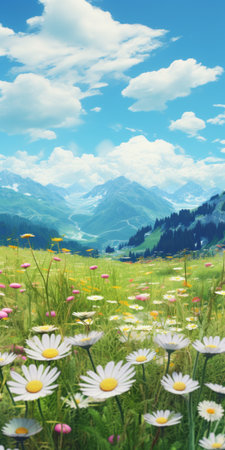 flowers in a field, featuring anime-inspired aesthetics and mountainous vistas. this artwork showcases realistic and hyper-detailed renderings, with a resolution of 32k uhd. the anime art style beautifully captures the essence of the scene, while robert munsch's attention to detail is evident in the intricate background elements. ai generatedの素材